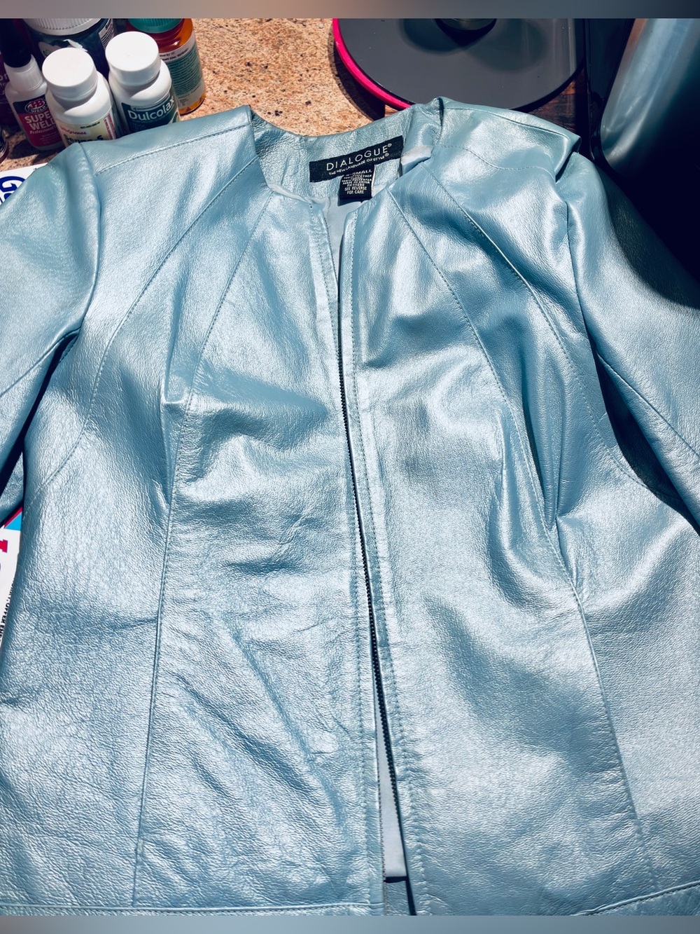 Dialogue Metallic Light Blue  Leather Jacket